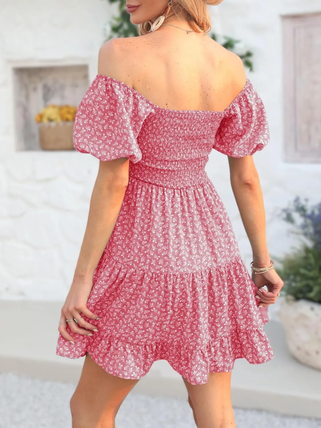 Veatzaer Women's Puff Sleeve Square Neck Smocked Babydoll Dress Boho Floral Print Off Shoulder Ruffle Mini Short Dress