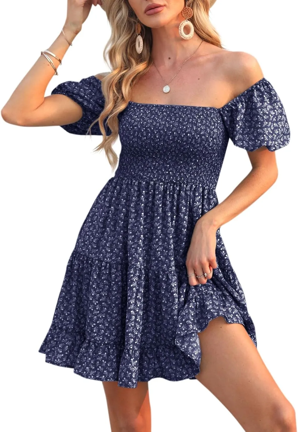 Veatzaer Women's Puff Sleeve Square Neck Smocked Babydoll Dress Boho Floral Print Off Shoulder Ruffle Mini Short Dress