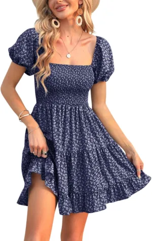 Veatzaer Women's Puff Sleeve Square Neck Smocked Babydoll Dress Boho Floral Print Off Shoulder Ruffle Mini Short Dress