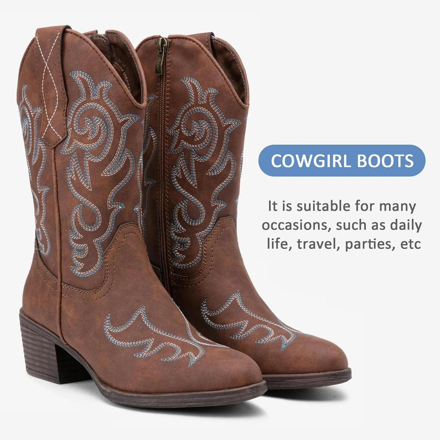 Vepose Women’s Cowboy Mid Calf Boots Cowgirl Western Embroidered Chunky Low Heel 9800 Boots with Zipper