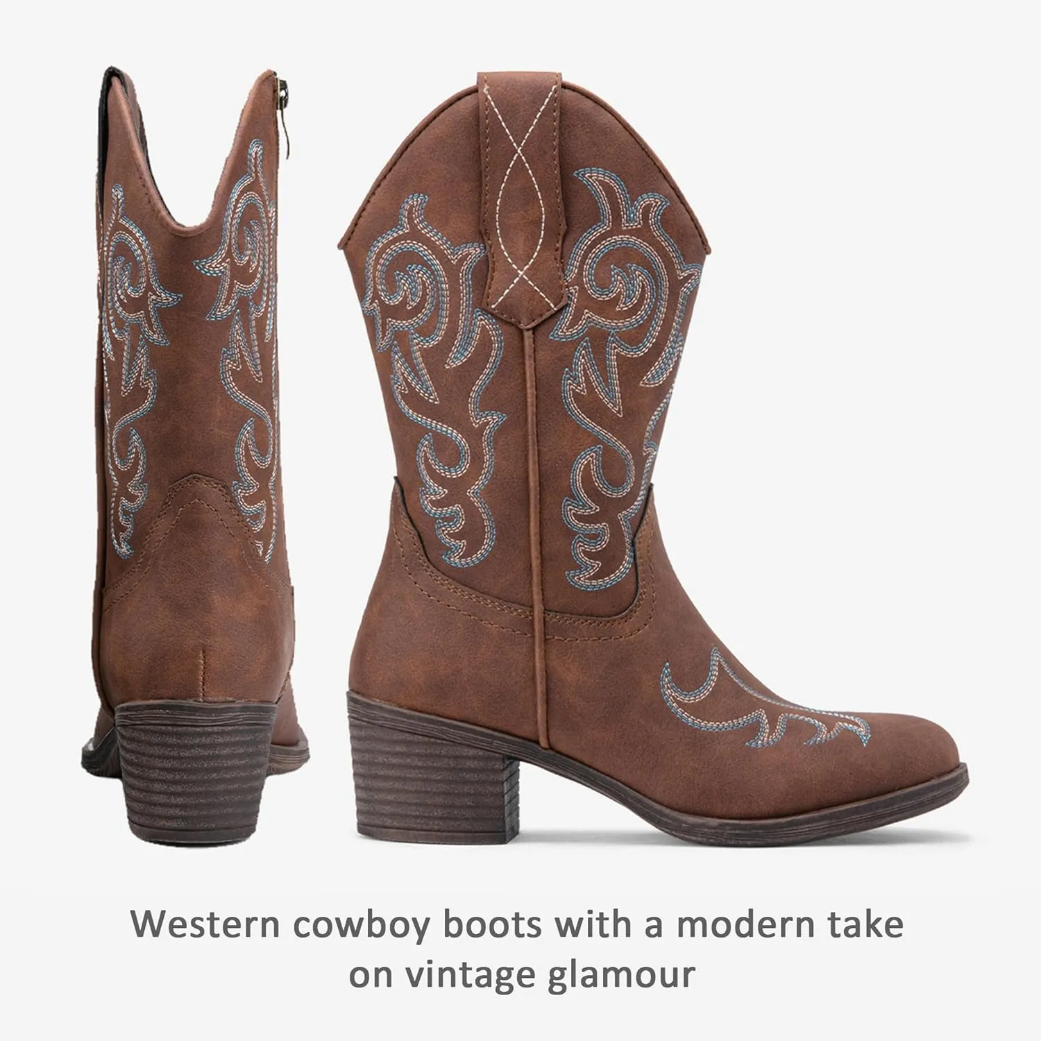 Vepose Women’s Cowboy Mid Calf Boots Cowgirl Western Embroidered Chunky Low Heel 9800 Boots with Zipper