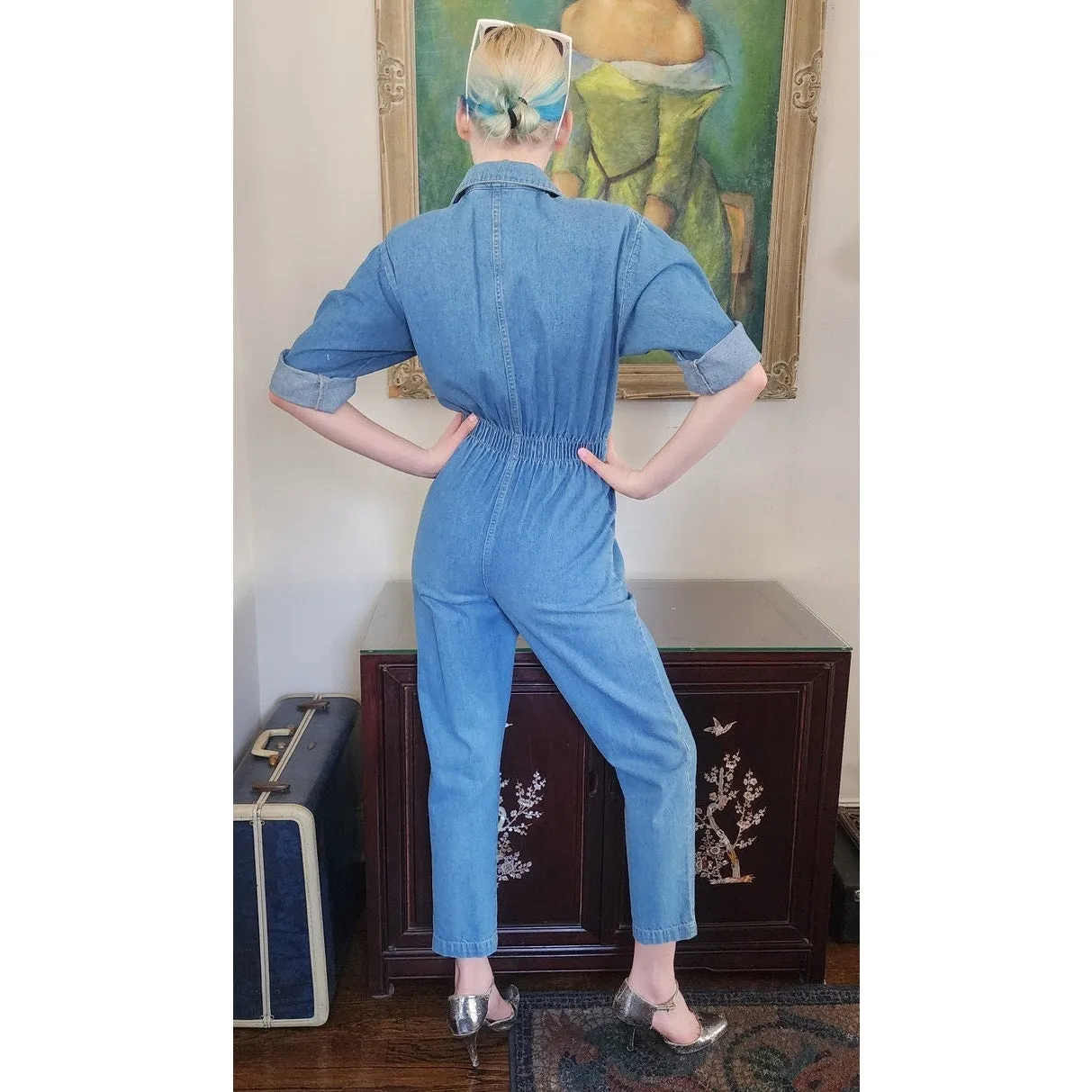 Vintage 80s Denim Jumpsuit w/Silver Studs Elastic Waist / Small