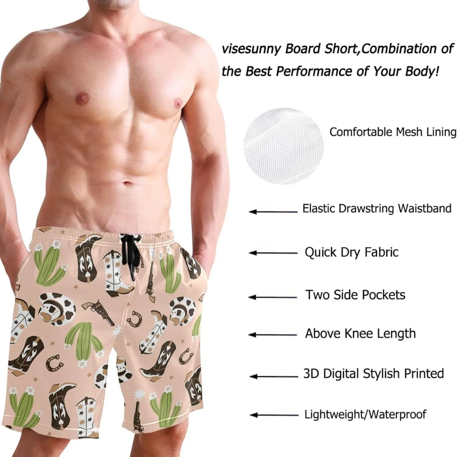 visesunny Men's Swim Trunks Cowboy Boots Hat Horse Shoes Cactus Bathing Suits Beach Holiday Party Swim Shorts