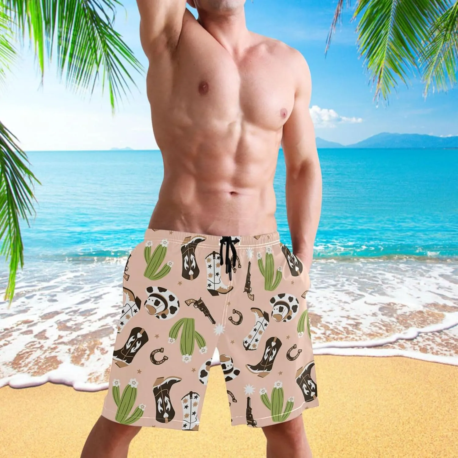 visesunny Men's Swim Trunks Cowboy Boots Hat Horse Shoes Cactus Bathing Suits Beach Holiday Party Swim Shorts