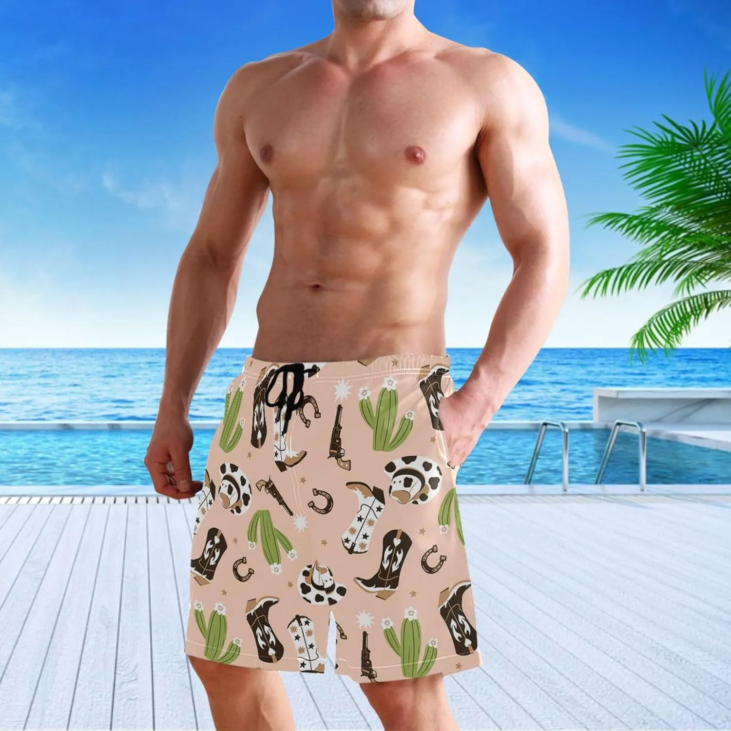visesunny Men's Swim Trunks Cowboy Boots Hat Horse Shoes Cactus Bathing Suits Beach Holiday Party Swim Shorts