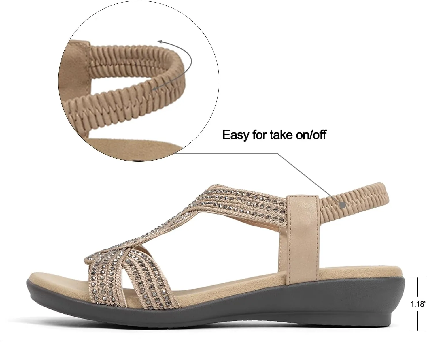 VJH confort Women's Flat Sandals Rhinestone Stretchy Strap Low Wedge Comfy Dressy Walking Sandals