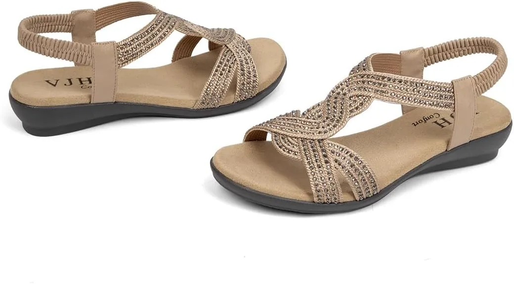 VJH confort Women's Flat Sandals Rhinestone Stretchy Strap Low Wedge Comfy Dressy Walking Sandals