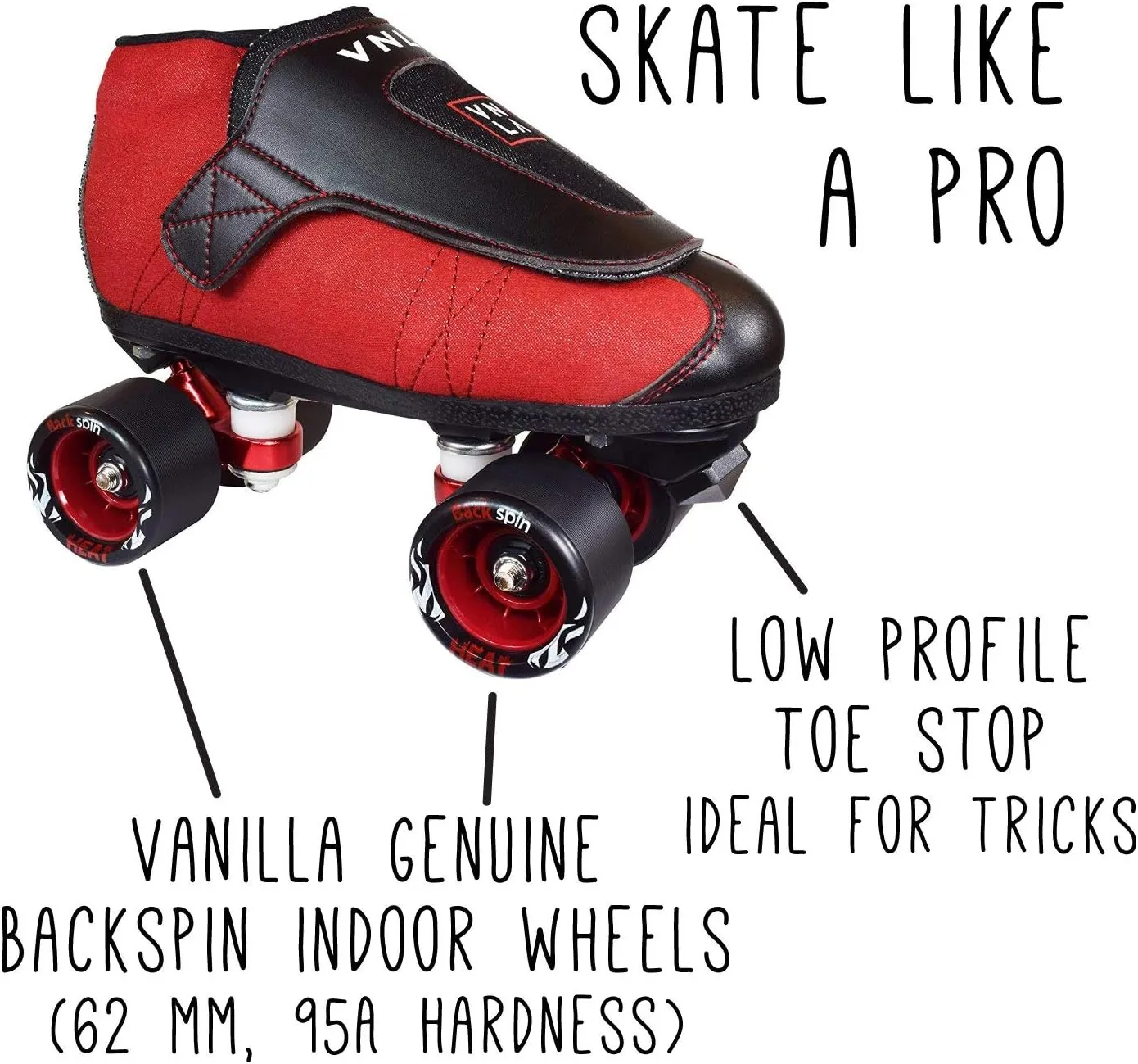 VNLA Junior Code Red Jam Skates for Men and Women - Indoor Unisex Roller Skates for Tricks and Jam Skating- Red/Black