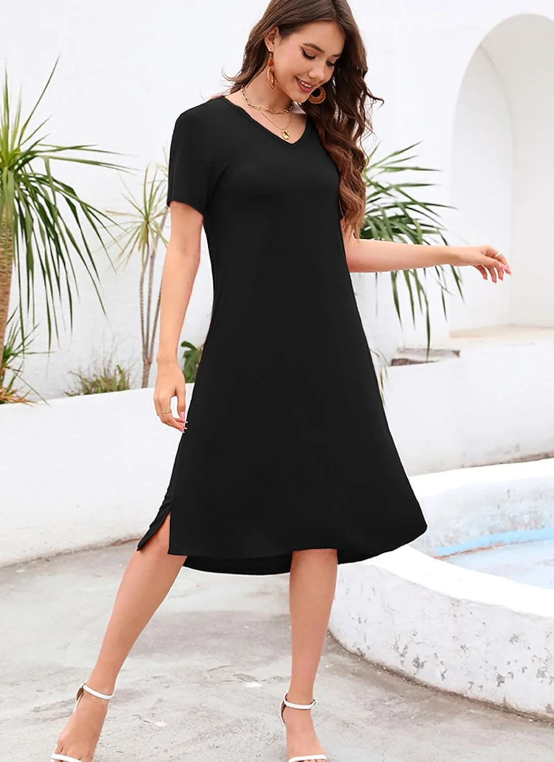 VOBCTY Women's Casual Short Sleeve Tshirt Dress Summer Side Split Loose V Neck Dresses