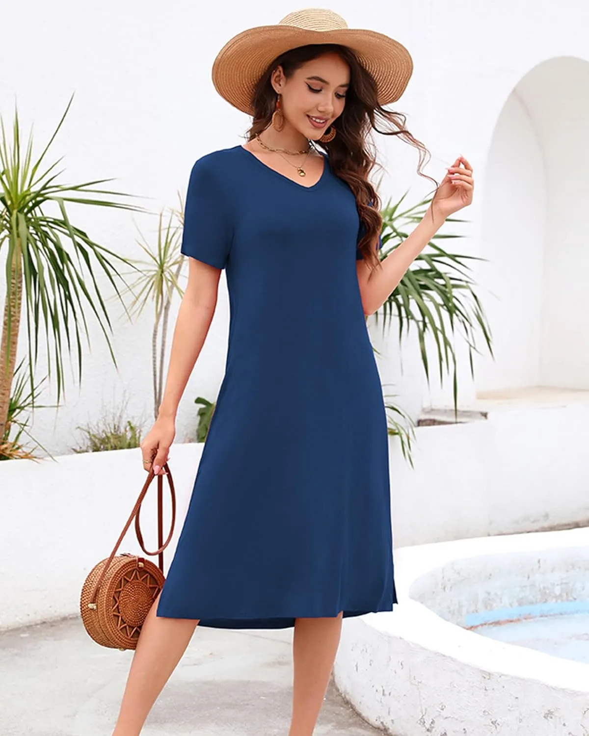 VOBCTY Women's Casual Short Sleeve Tshirt Dress Summer Side Split Loose V Neck Dresses