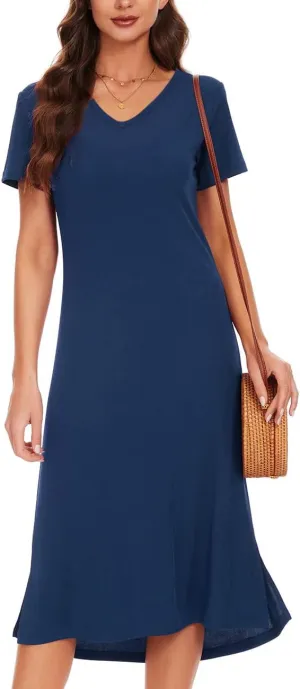VOBCTY Women's Casual Short Sleeve Tshirt Dress Summer Side Split Loose V Neck Dresses