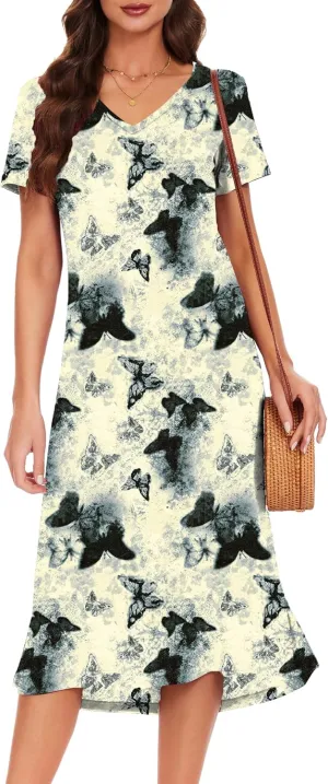 VOBCTY Women's Casual Short Sleeve Tshirt Dress Summer Side Split Loose V Neck Dresses