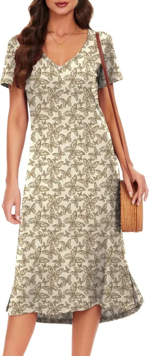 VOBCTY Women's Casual Short Sleeve Tshirt Dress Summer Side Split Loose V Neck Dresses