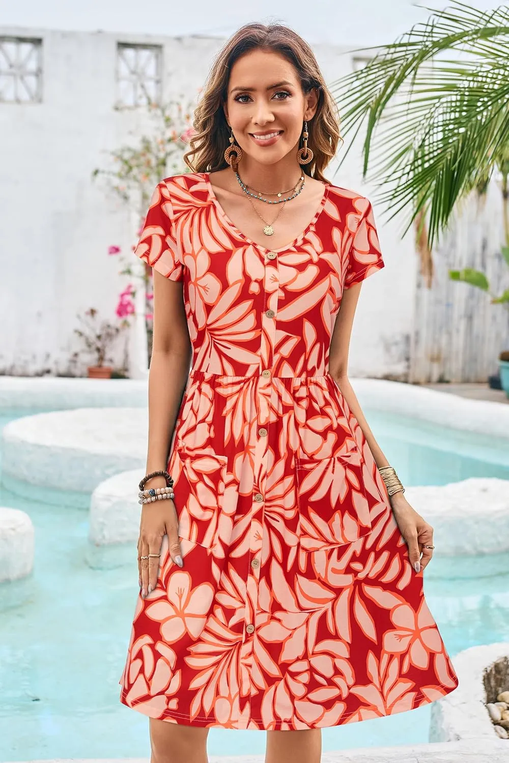 VOTEPRETTY Women's Short Sleeve V Neck Sundress Summer Casual Button Floral Dress with Pockets