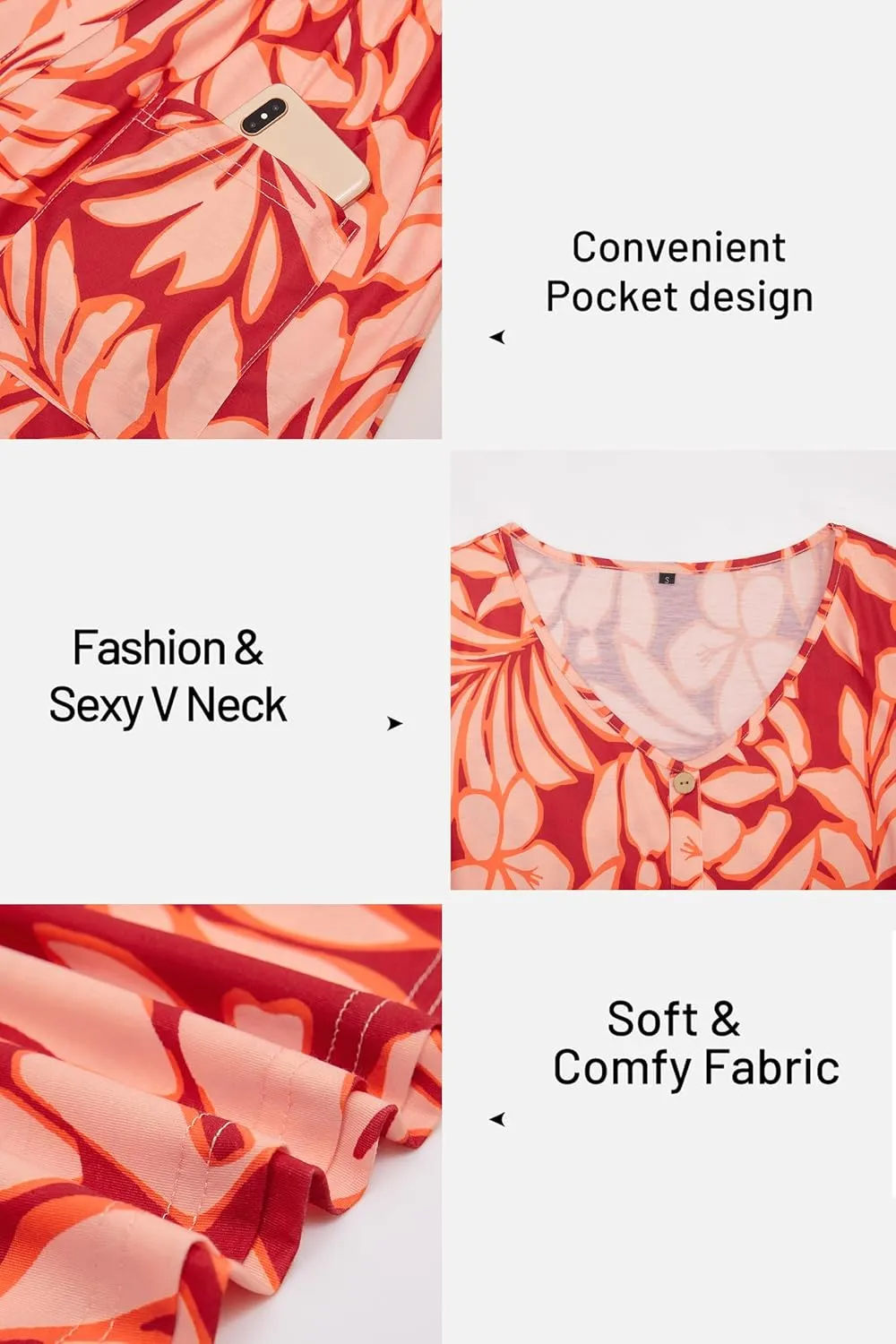 VOTEPRETTY Women's Short Sleeve V Neck Sundress Summer Casual Button Floral Dress with Pockets