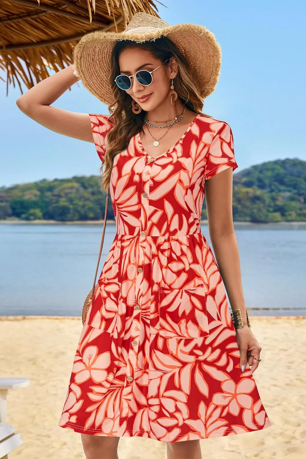 VOTEPRETTY Women's Short Sleeve V Neck Sundress Summer Casual Button Floral Dress with Pockets