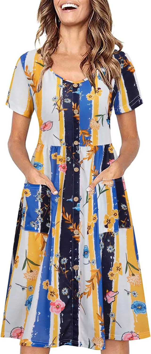VOTEPRETTY Women's Short Sleeve V Neck Sundress Summer Casual Button Floral Dress with Pockets