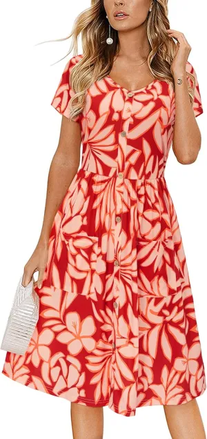 VOTEPRETTY Women's Short Sleeve V Neck Sundress Summer Casual Button Floral Dress with Pockets