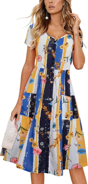 VOTEPRETTY Women's Short Sleeve V Neck Sundress Summer Casual Button Floral Dress with Pockets