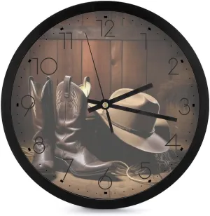 Wall Clock Cowboy Black Hat Western Boots Printed Round Wall Clock Silent Wall Clock Battery Powered Clock for Living Room Kitchen Bedroom Office School Decoration (10 Inch Diameter)