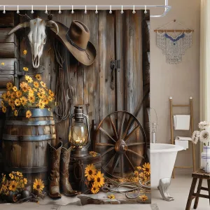 Wathon Western Cowboy Shower Curtain with Farmhouse Barn Door, Southwest Country Ranch Bath Curtain with Cowboy Boots Floral, Rustic Southwestern Theme Bathroom Decor Set with Hooks 70X70IN