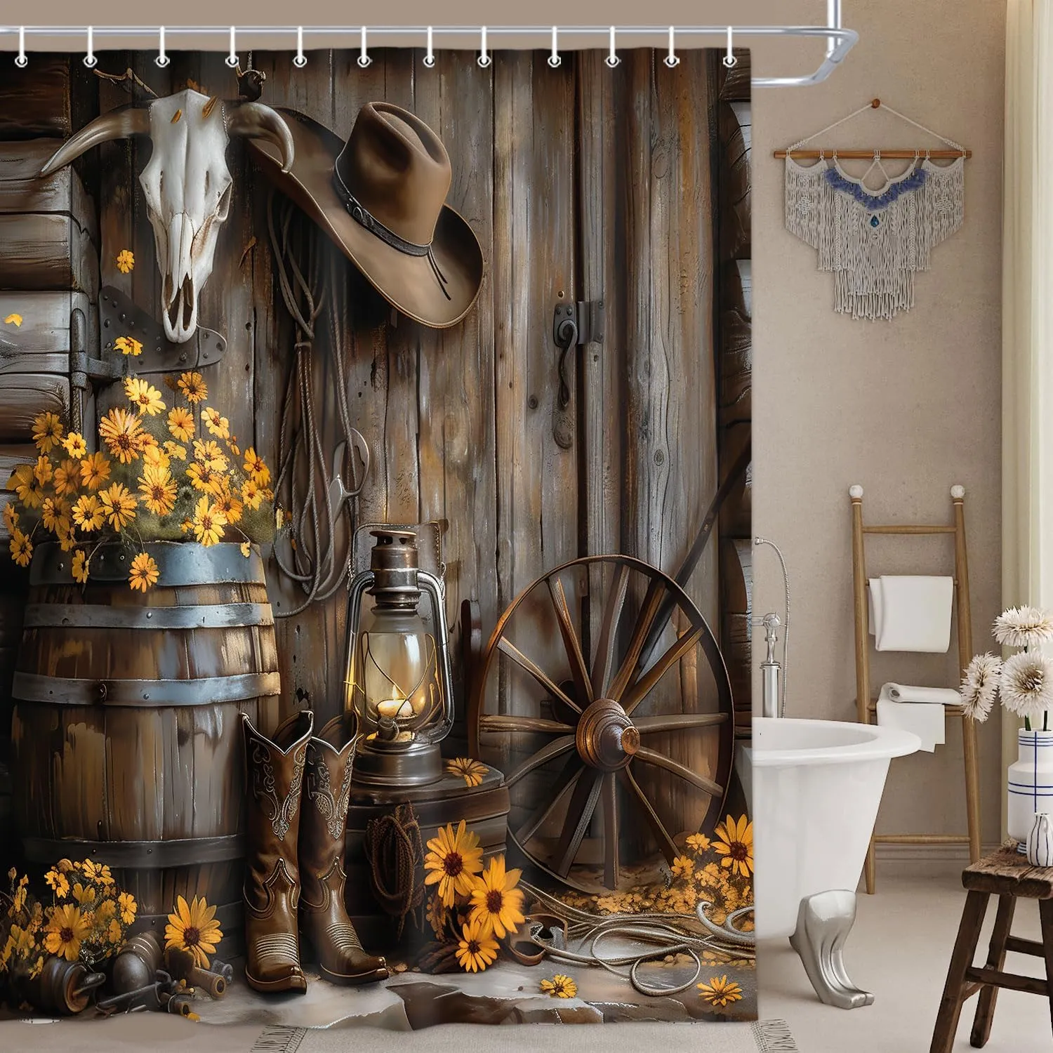 Wathon Western Cowboy Shower Curtain with Farmhouse Barn Door, Southwest Country Ranch Bath Curtain with Cowboy Boots Floral, Rustic Southwestern Theme Bathroom Decor Set with Hooks 70X70IN