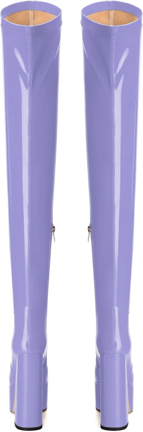 WAYDERNS Over the Knee Boots for Women Patent Leather Platform Block High Heel Round Toe 5.9 Inch Side Zipper Long Boots Sexy Dating Party Evening Thigh High Boots