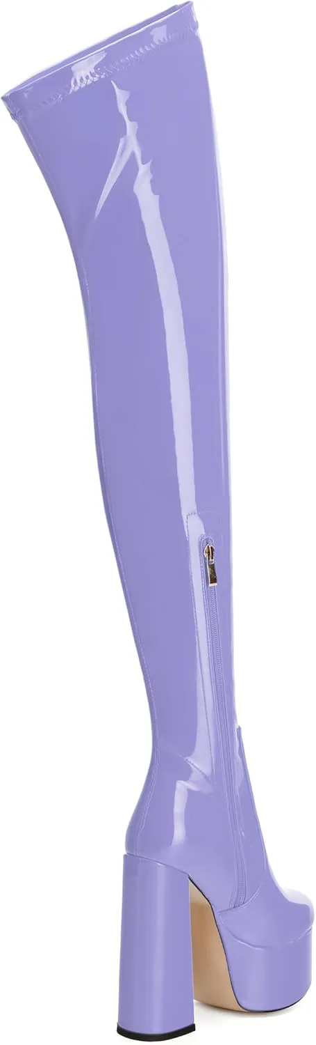 WAYDERNS Over the Knee Boots for Women Patent Leather Platform Block High Heel Round Toe 5.9 Inch Side Zipper Long Boots Sexy Dating Party Evening Thigh High Boots