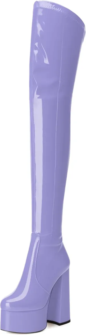 WAYDERNS Over the Knee Boots for Women Patent Leather Platform Block High Heel Round Toe 5.9 Inch Side Zipper Long Boots Sexy Dating Party Evening Thigh High Boots