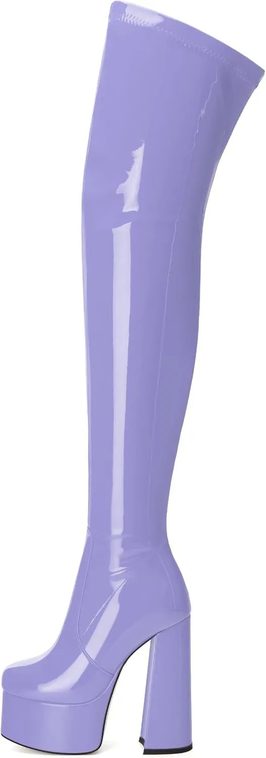 WAYDERNS Over the Knee Boots for Women Patent Leather Platform Block High Heel Round Toe 5.9 Inch Side Zipper Long Boots Sexy Dating Party Evening Thigh High Boots