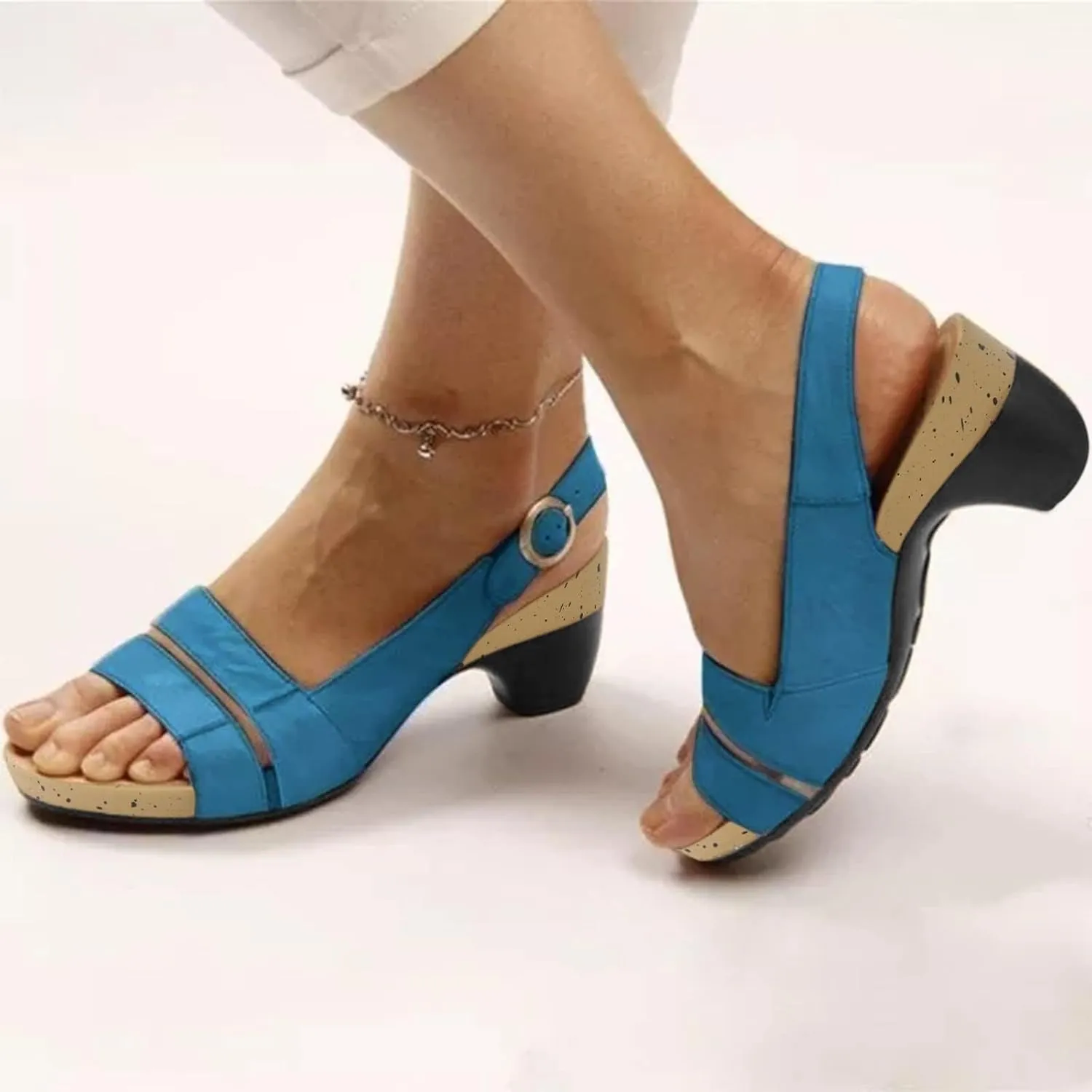 Wedge Peep Toe Casual Summer Sandals,Comfy Breathable Sandals,Chunky Heel Sandals for Women 2025,Women's Open Toe Buckle Ankle Strap Platform Wedge Sandals,Orthopedic Arch Support Platform Sandals