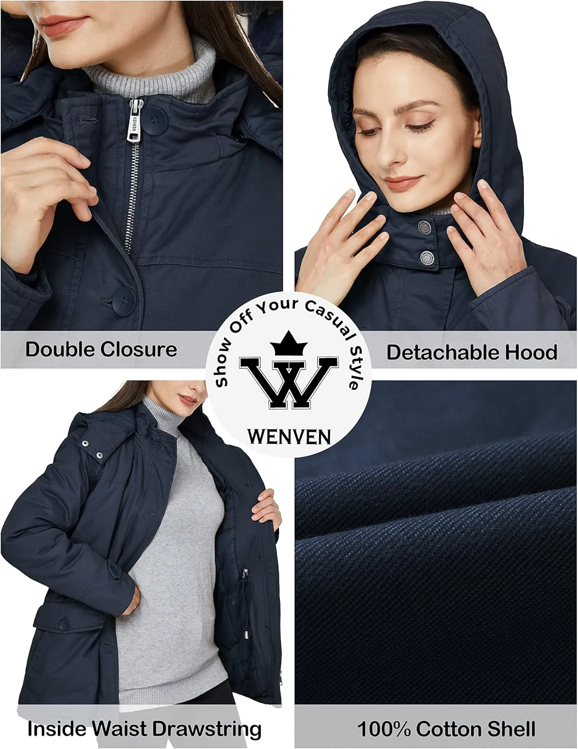 WenVen Women's Winter Warm Thicken Military Parka Jacket with Removable Hood