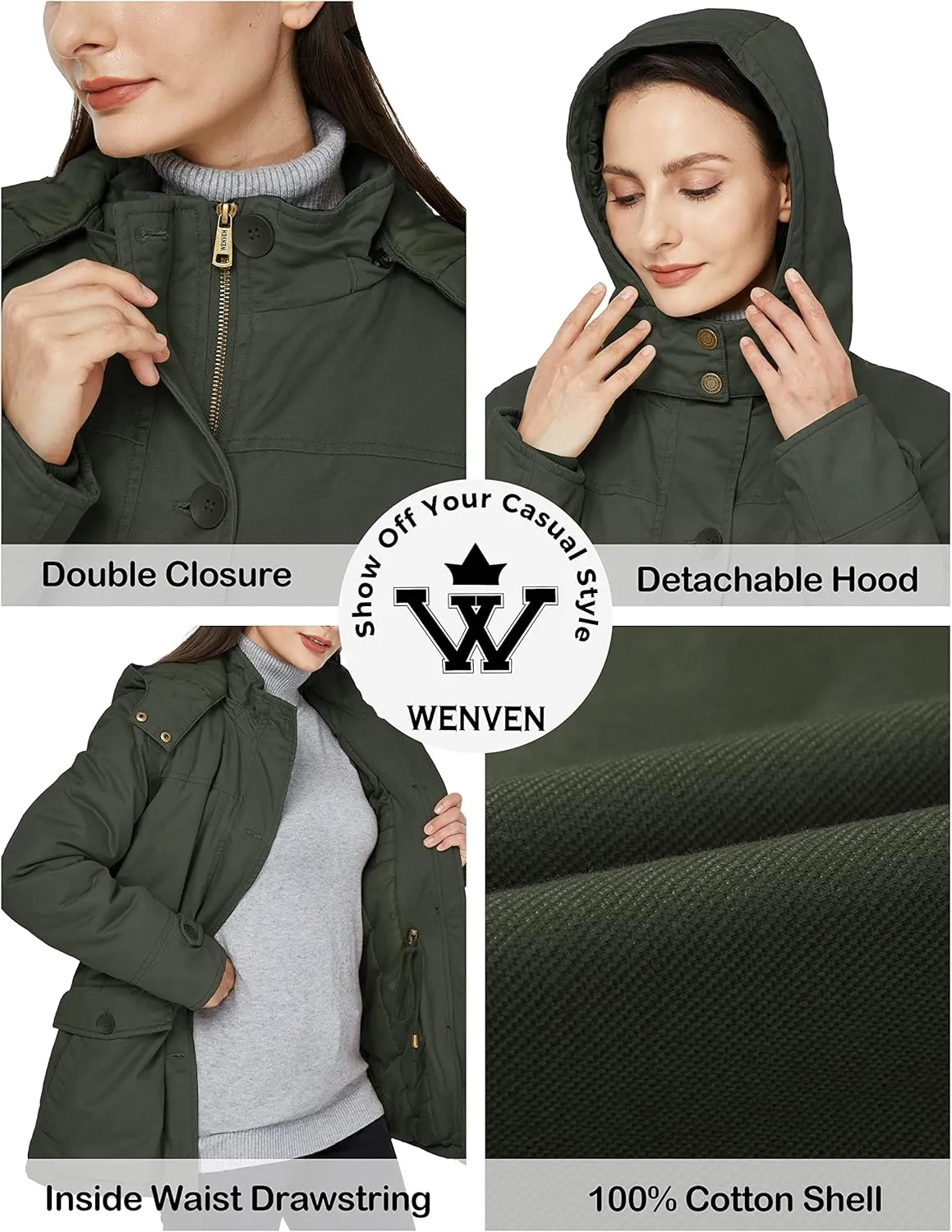 WenVen Women's Winter Warm Thicken Military Parka Jacket with Removable Hood