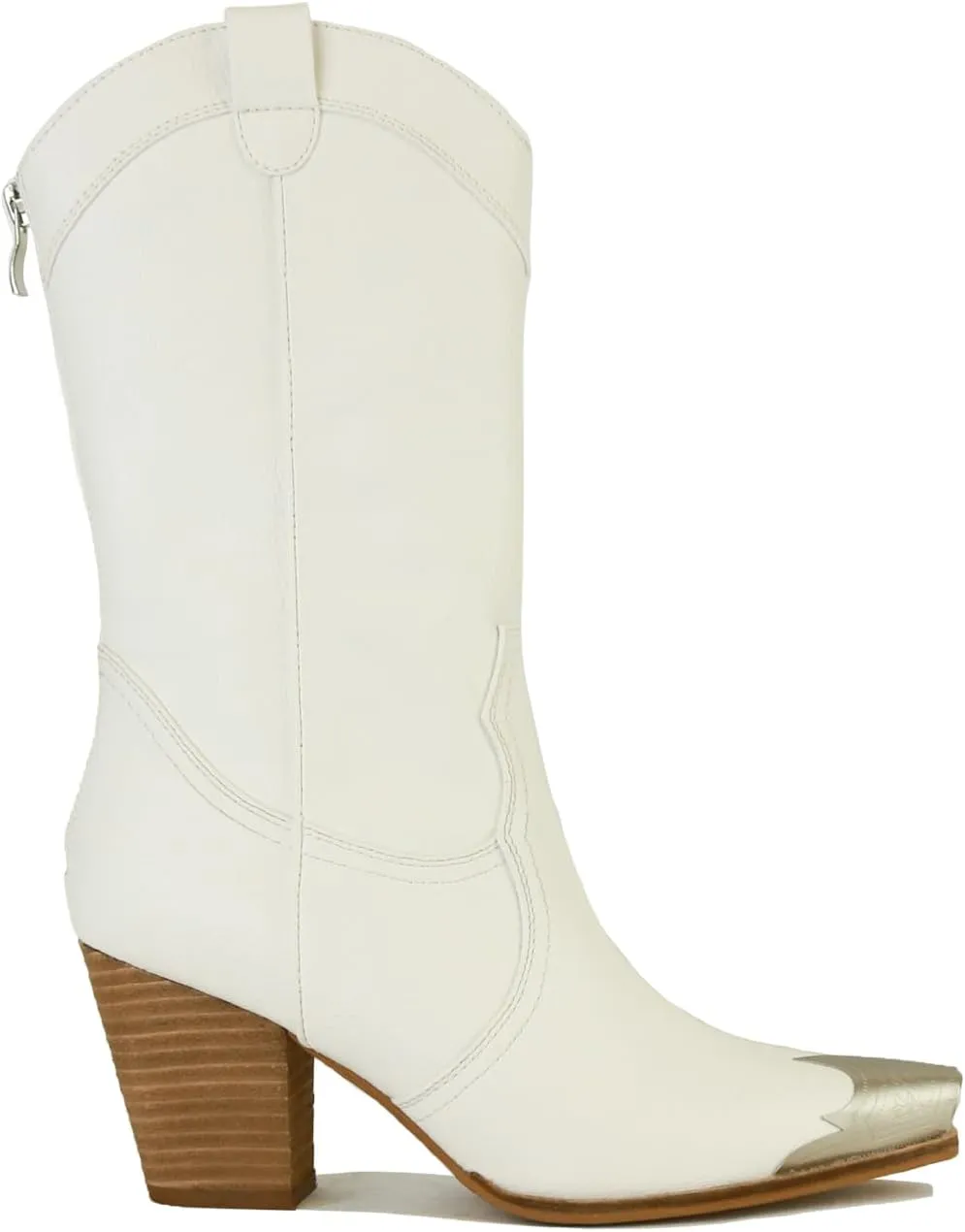 Western Metal Toe Boots for Women Cowgirl Boots Mid Calf Boots Stacked Heel Back Zipper Boots Cowboy Boots