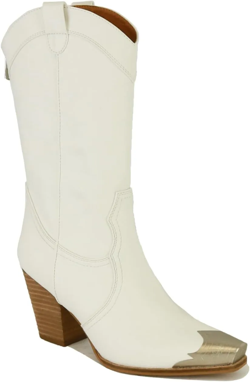 Western Metal Toe Boots for Women Cowgirl Boots Mid Calf Boots Stacked Heel Back Zipper Boots Cowboy Boots