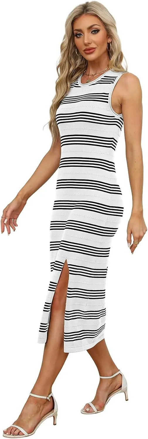 WIHOLL Womens Bodycon Summer Casual Midi Sundress Sleeveless Cute Hollow Out Knit Side Slit Striped Long Tank Dress