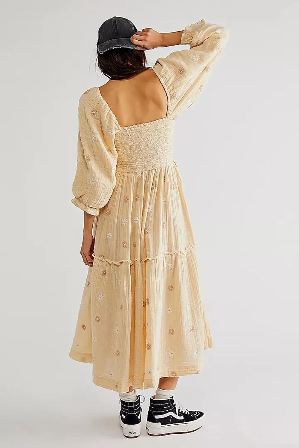 Willow Dance Women Casual Bohemian Floral Dress Square Neck Ruffle Swing A Line Long Sleeve Beach Maxi Dress with Pockets
