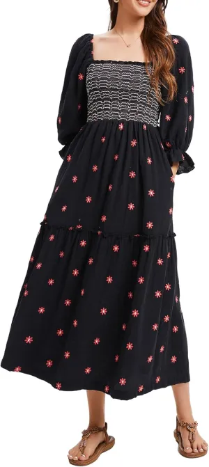 Willow Dance Women Casual Bohemian Floral Dress Square Neck Ruffle Swing A Line Long Sleeve Beach Maxi Dress with Pockets