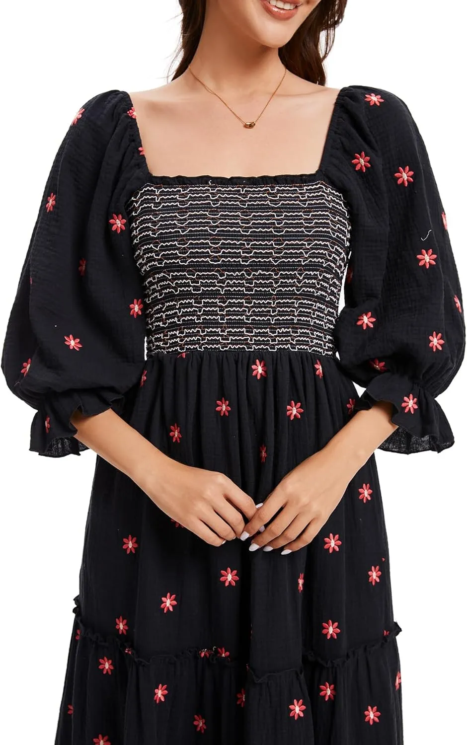 Willow Dance Women Casual Bohemian Floral Dress Square Neck Ruffle Swing A Line Long Sleeve Beach Maxi Dress with Pockets