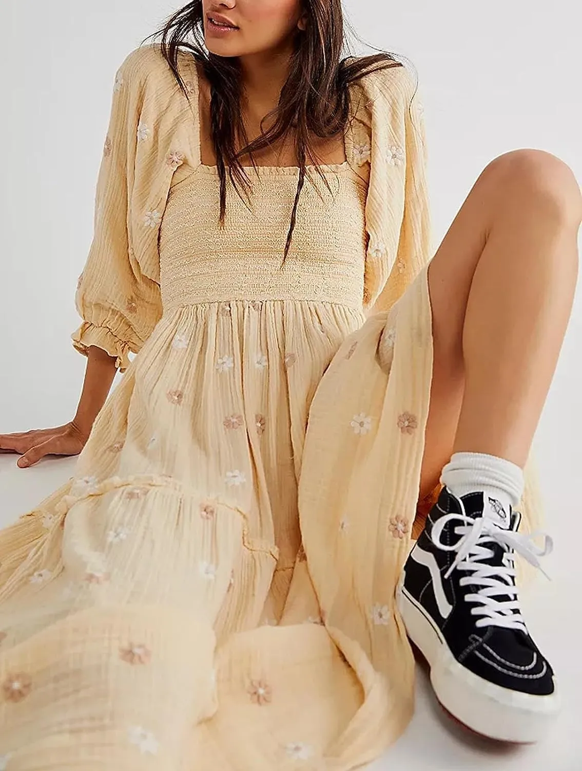 Willow Dance Women Casual Bohemian Floral Dress Square Neck Ruffle Swing A Line Long Sleeve Beach Maxi Dress with Pockets