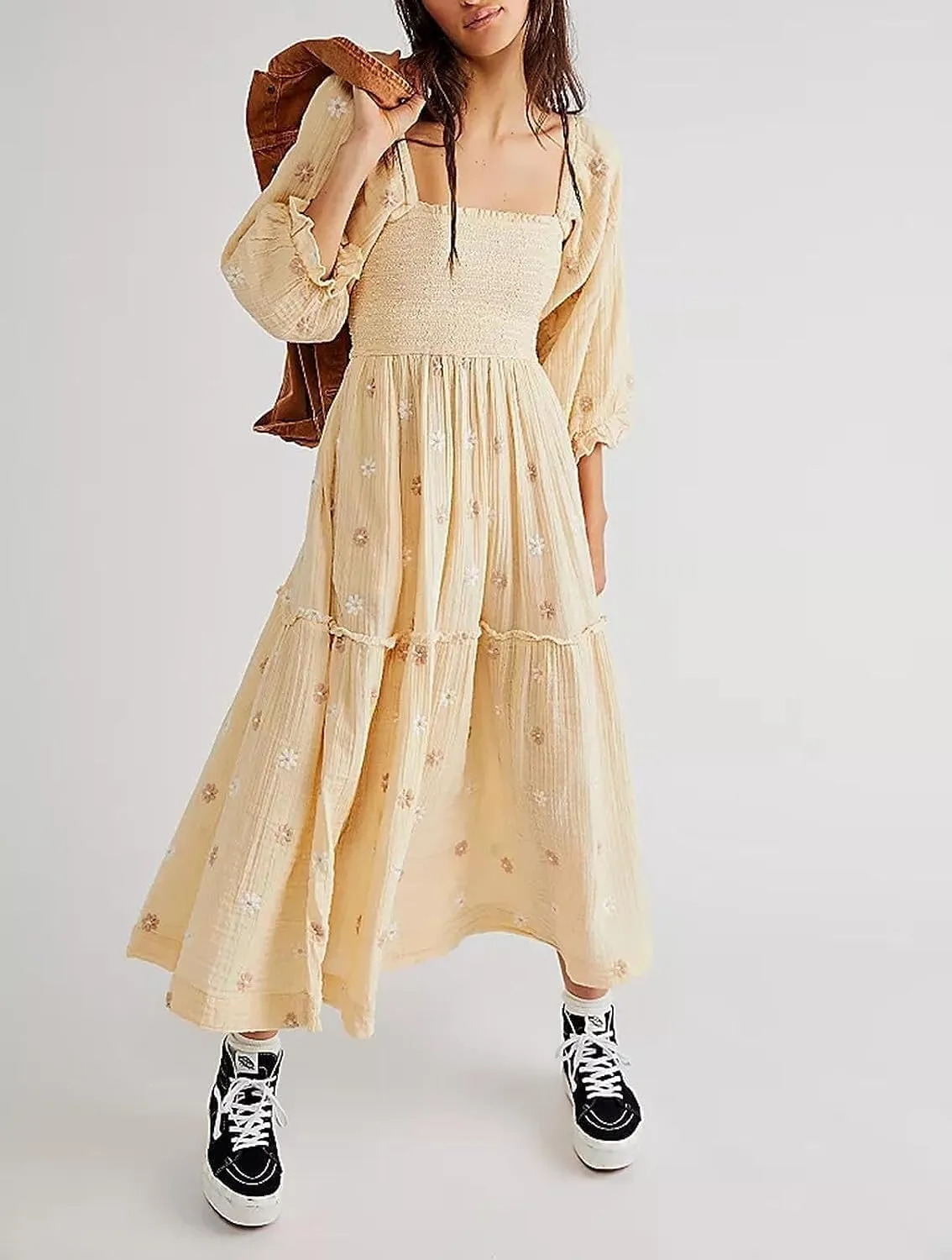 Willow Dance Women Casual Bohemian Floral Dress Square Neck Ruffle Swing A Line Long Sleeve Beach Maxi Dress with Pockets