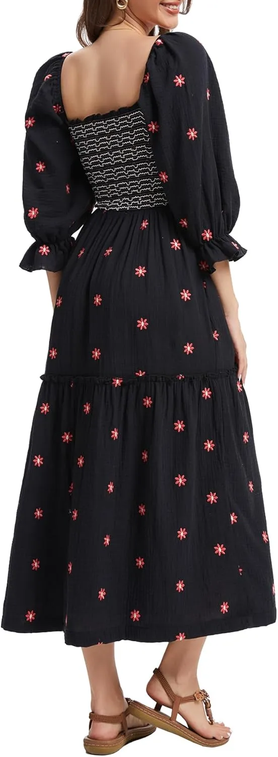 Willow Dance Women Casual Bohemian Floral Dress Square Neck Ruffle Swing A Line Long Sleeve Beach Maxi Dress with Pockets