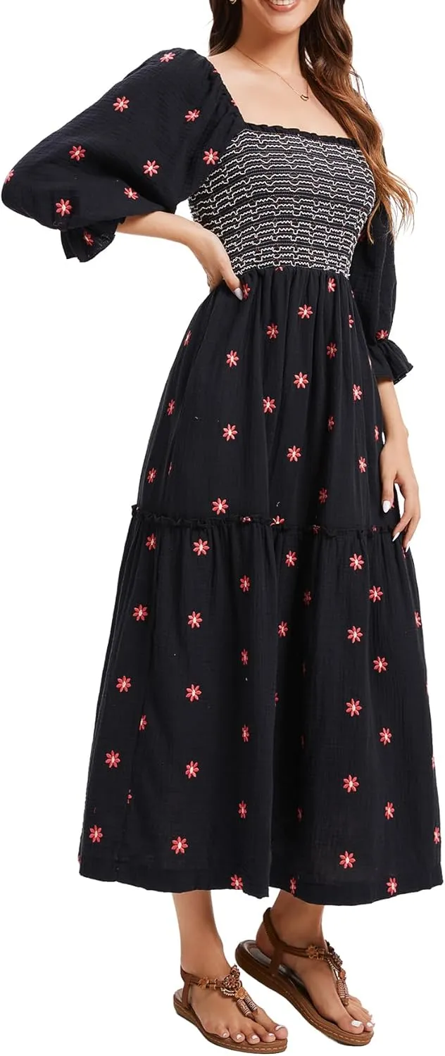 Willow Dance Women Casual Bohemian Floral Dress Square Neck Ruffle Swing A Line Long Sleeve Beach Maxi Dress with Pockets