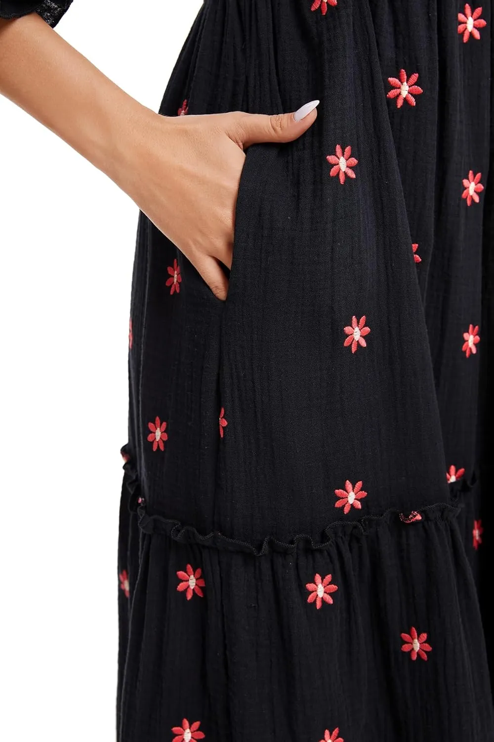 Willow Dance Women Casual Bohemian Floral Dress Square Neck Ruffle Swing A Line Long Sleeve Beach Maxi Dress with Pockets