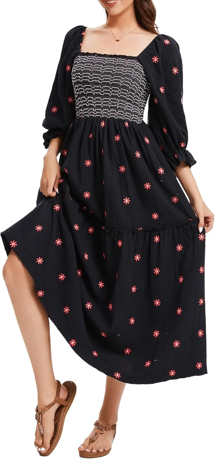 Willow Dance Women Casual Bohemian Floral Dress Square Neck Ruffle Swing A Line Long Sleeve Beach Maxi Dress with Pockets