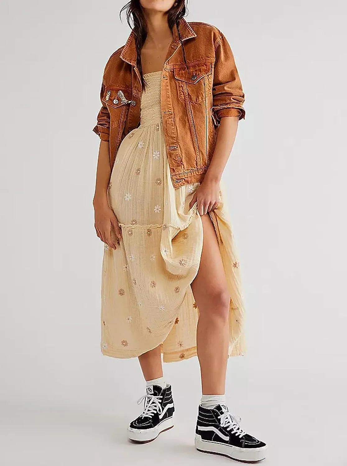 Willow Dance Women Casual Bohemian Floral Dress Square Neck Ruffle Swing A Line Long Sleeve Beach Maxi Dress with Pockets