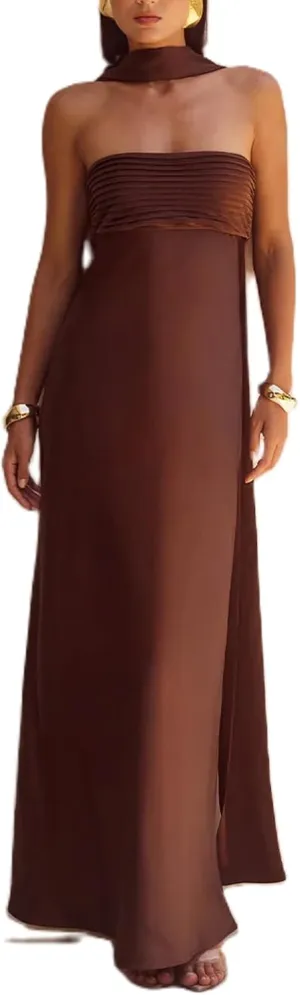 Women Floral Tube Dress Y2k Strapless with Scarf Maxi Dresses Backless Mesh Long Sexy Formal Cocktail Sundress
