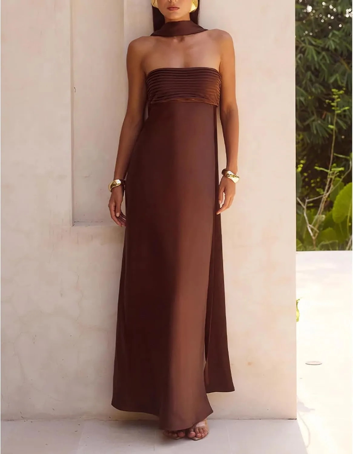 Women Floral Tube Dress Y2k Strapless with Scarf Maxi Dresses Backless Mesh Long Sexy Formal Cocktail Sundress