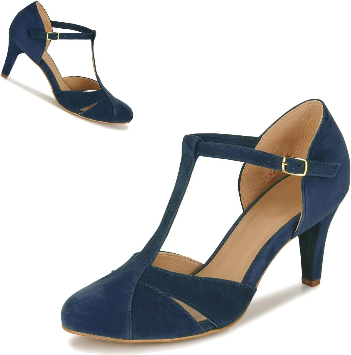 Women Kitten Heels Mary Jane Pumps Shoes Ankle T-Strap Closed Round Toe Sandals Heeled Cut Out Suede Mary Janes Dress Shoe Mid Thin Heel Patchwork Office Ladies Wedding Party Dance 4-11 M US