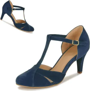 Women Kitten Heels Mary Jane Pumps Shoes Ankle T-Strap Closed Round Toe Sandals Heeled Cut Out Suede Mary Janes Dress Shoe Mid Thin Heel Patchwork Office Ladies Wedding Party Dance 4-11 M US